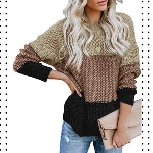 ⭐ Women's Crewneck Color Block Striped Sweater Long Sleeve Loose Knit Pullover